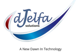 DJelfa Solutions logo with red, blue, and white.