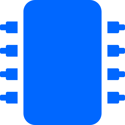 Blue microchip with connectors on sides.